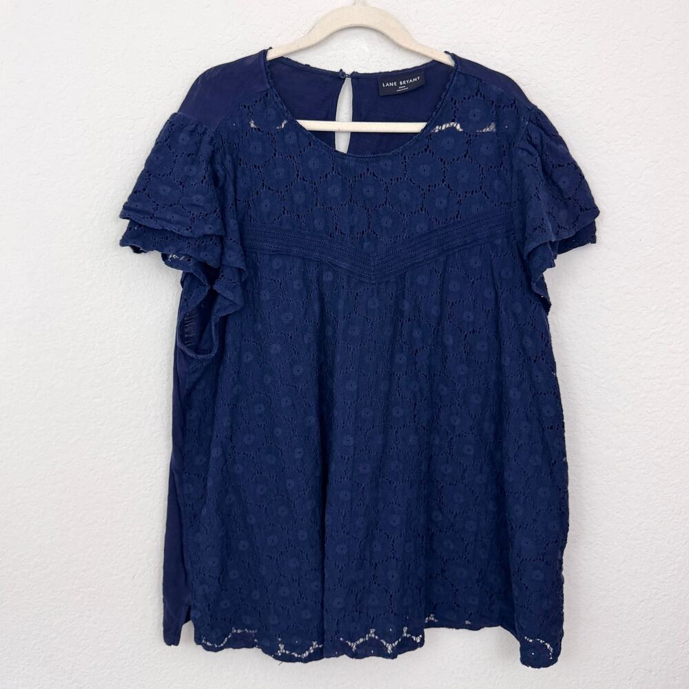 Lane Bryant Womens Blouse Top Size 22 / 24 Lace Floral 100% Cotton Dark Blue